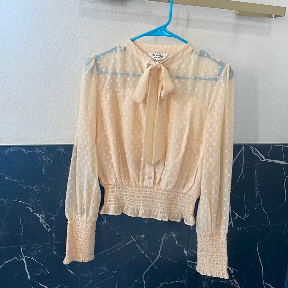 Miss Selfridge Peach Blush Pink Swiss Dot “Secretary” or “Pussy Bow” Blouse